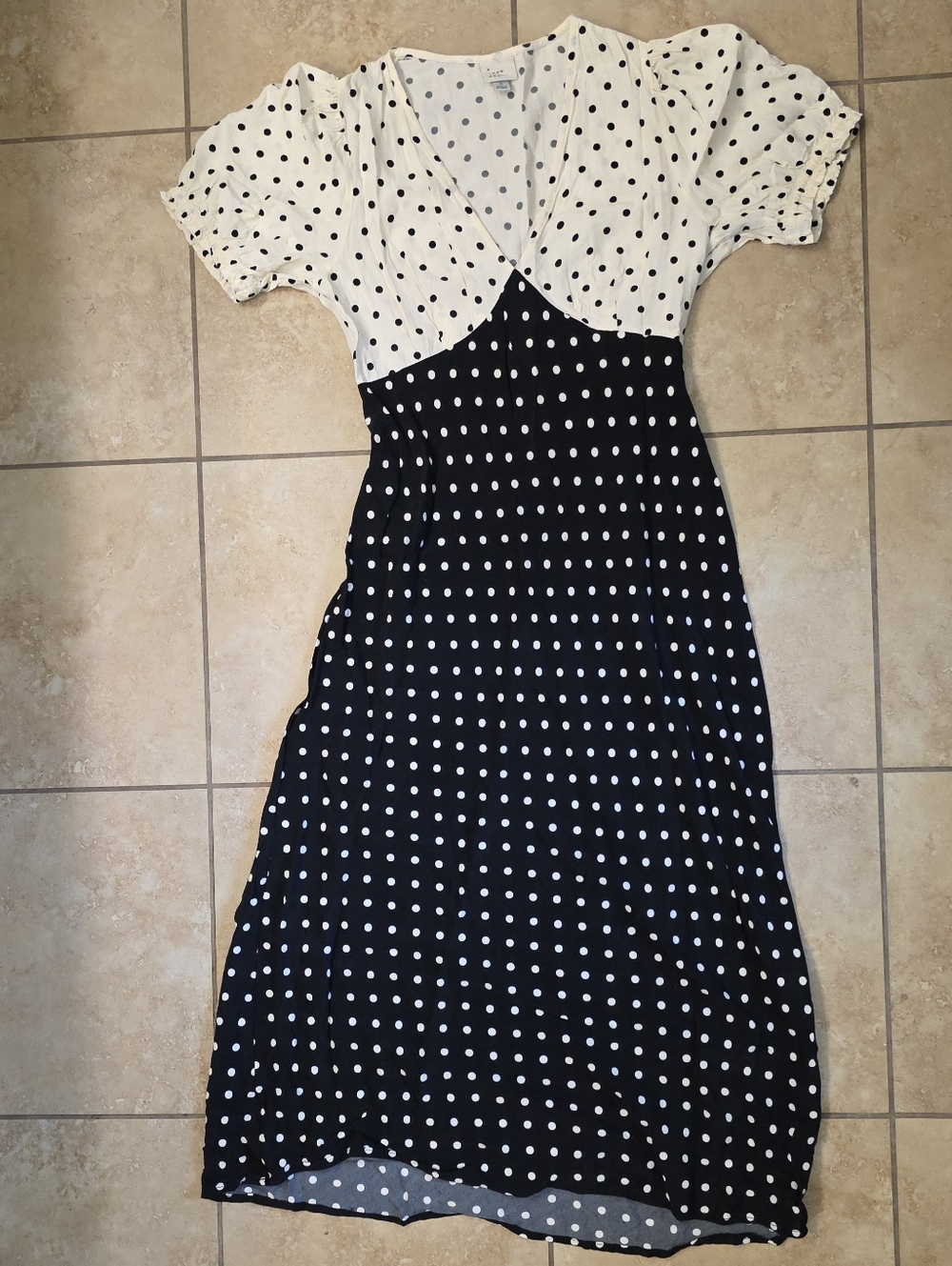 Polka Dot Black And Cream Midi Dress Vintage Cottagecore Parisian Casual Chic - Picture 2 of 6